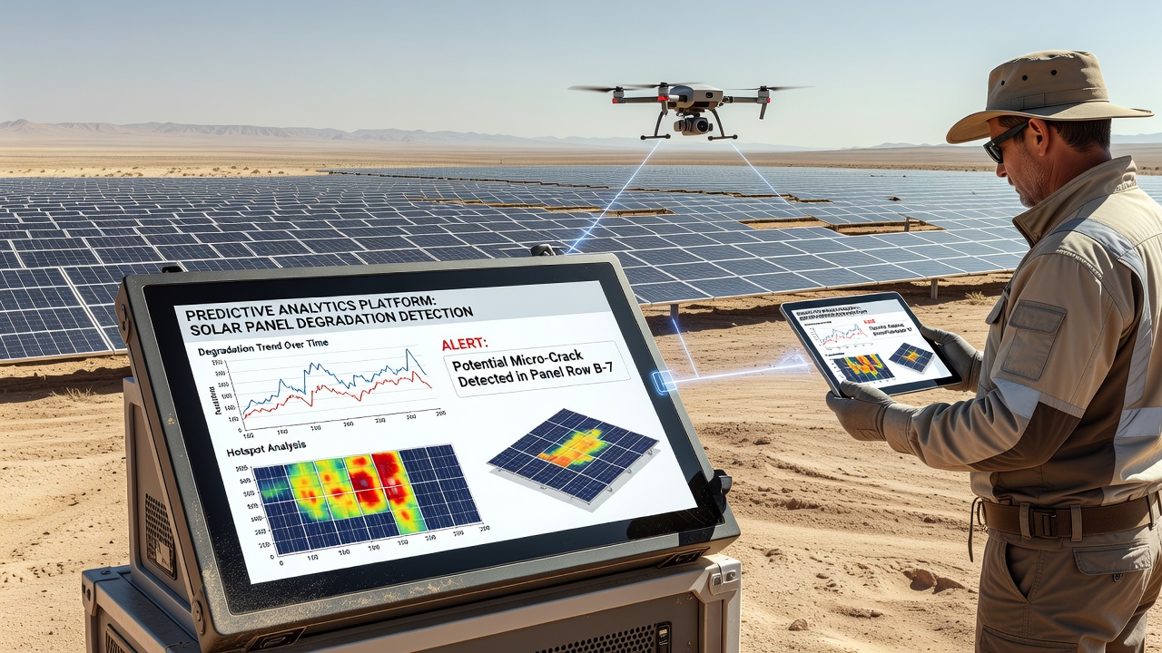 Technician reviewing predictive analytics dashboard for remote solar array performance