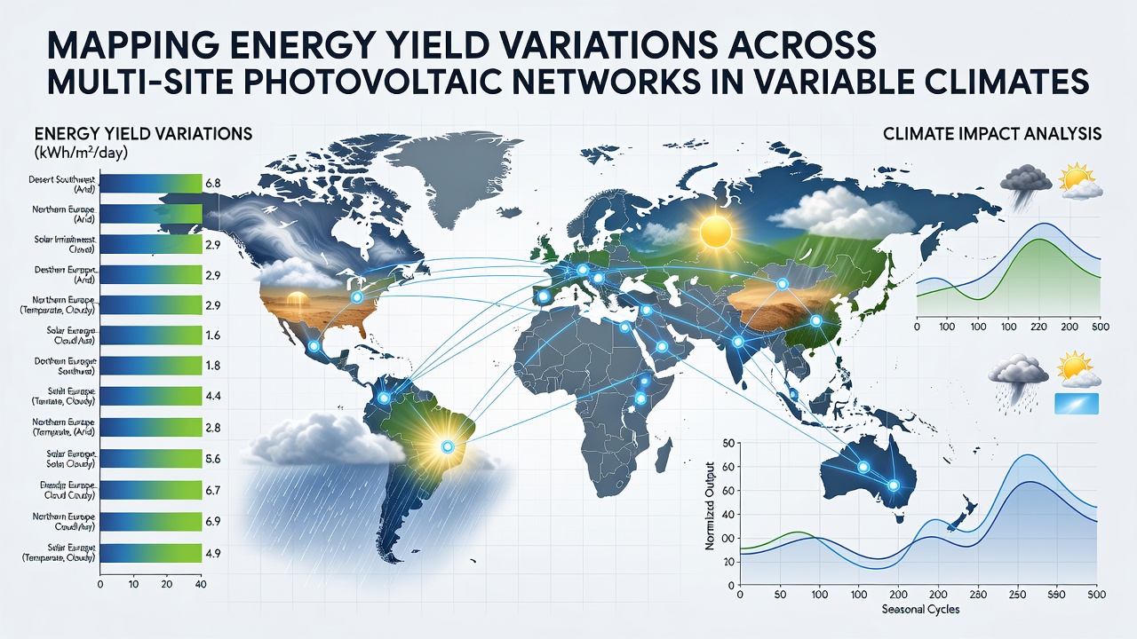 Dashboard screenshot displaying real-time energy yield heat map and climate overlay for a multi-site photovoltaic network